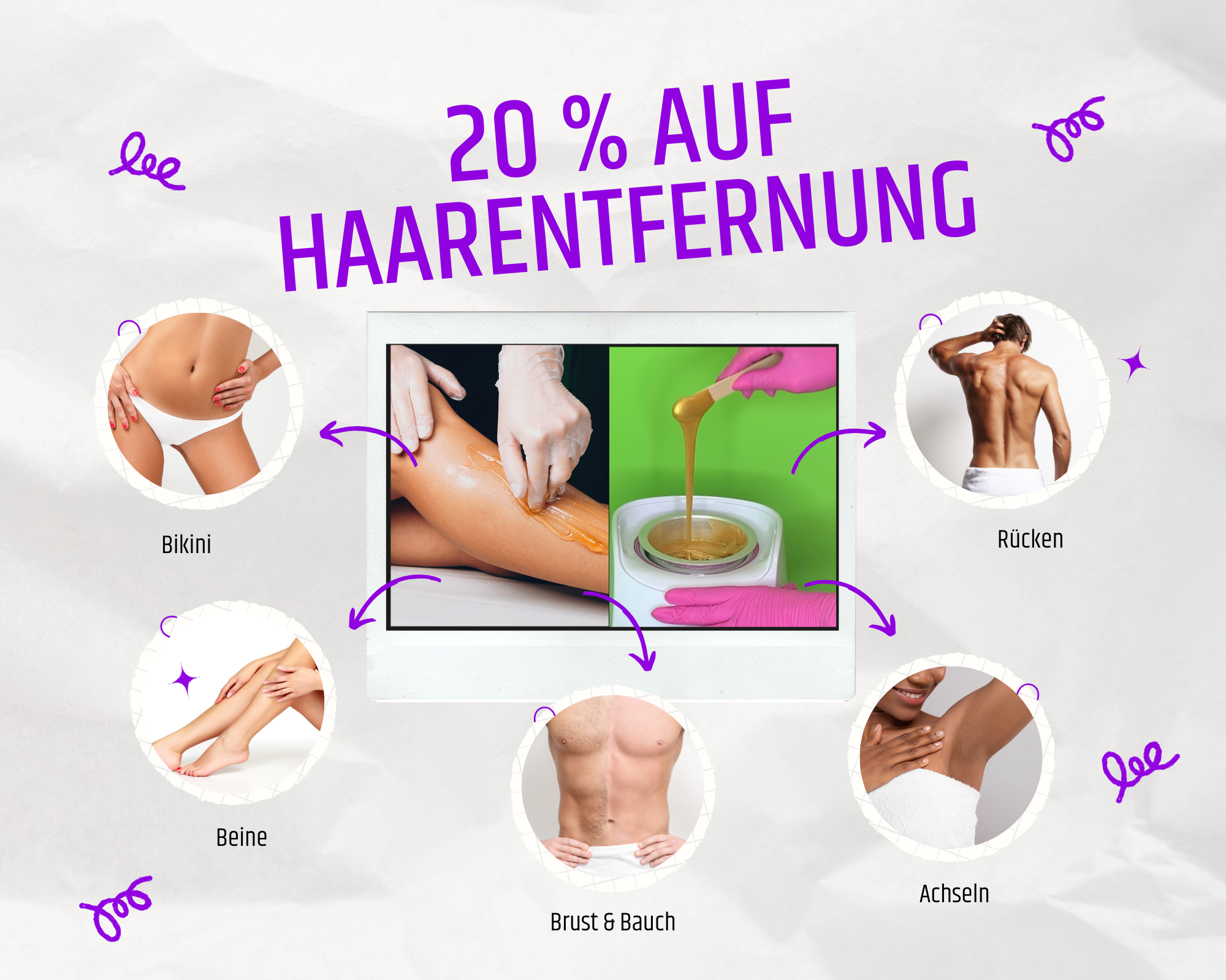 haarfreier Rücken eines Mannes, haarfreie Beine einer Frau, haarfreie Achseln einer Frau, Waxing, Sugaring der Beine
